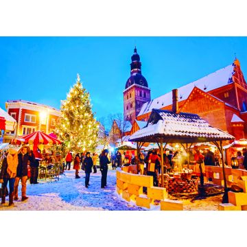 Lais Puzzle - Nächtliches Stadtbild mit Weihnachtsmarkt auf dem Domplatz im winterlichen Riga, Lettland - 1.000 Teile