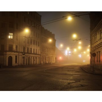 Lais Puzzle - Eine leere beleuchtete Asphaltstraße durch die alten historischen Gebäude und Häuser im nächtlichen Nebel. Straßenbeleuchtung (Laternen) in Großaufnahme. Riga, Lettland - 40, 100, 200, 500, 1.000 & 2.000 Teile