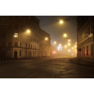 Lais Puzzle - Eine leere beleuchtete Asphaltstraße durch die alten historischen Gebäude und Häuser im nächtlichen Nebel. Straßenbeleuchtung (Laternen) in Großaufnahme. Riga, Lettland - 2.000 Teile