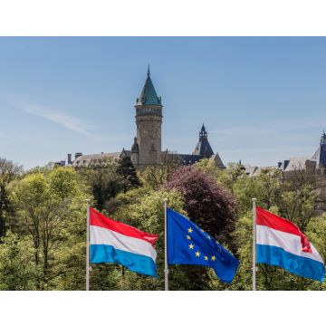 Lais Puzzle - Flaggen der Europäischen Union und Luxemburgs mit dem Bankenmuseum im Hintergrund, sonniger Tag mit blauem Himmel in Luxemburg - 40, 100, 200, 500, 1.000 & 2.000 Teile