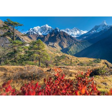 Lais Puzzle - Blick auf das Khumbu-Tal und die Gipfel des Everest und der Ama Dablam durch rote Blätter an einem klaren, sonnigen Tag, Nepal - 1.000 Teile