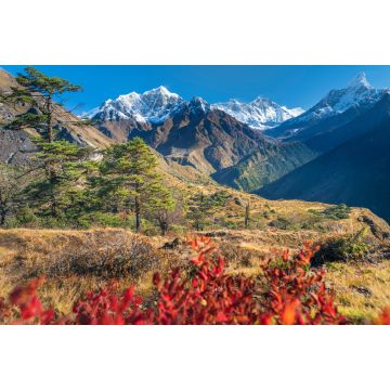 Lais Puzzle - Blick auf das Khumbu-Tal und die Gipfel des Everest und der Ama Dablam durch rote Blätter an einem klaren, sonnigen Tag, Nepal - 2.000 Teile
