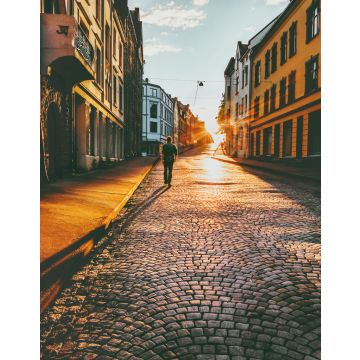 Lais Puzzle - Mann Tourist zu Fuß in Sonnenuntergang Straße Travel Lifestyle Konzept Urlaub Kopfsteinpflaster Straße Alesund Stadt in Norwegen - 40, 100, 200, 500, 1.000 & 2.000 Teile