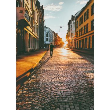 Lais Puzzle - Mann Tourist zu Fuß in Sonnenuntergang Straße Travel Lifestyle Konzept Urlaub Kopfsteinpflaster Straße Alesund Stadt in Norwegen - 1.000 Teile