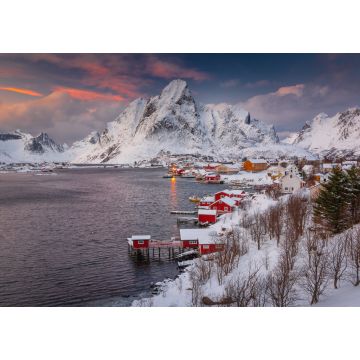 Lais Puzzle - Blick auf die fantastische Winterlandschaft der Lofoten mit Bergen und Fjorden in schönem goldenen Morgenlicht bei Sonnenaufgang, Norwegen - 1.000 Teile