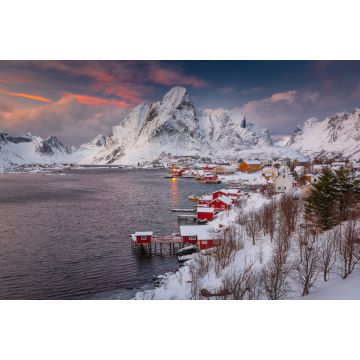Lais Puzzle - Blick auf die fantastische Winterlandschaft der Lofoten mit Bergen und Fjorden in schönem goldenen Morgenlicht bei Sonnenaufgang, Norwegen - 2.000 Teile