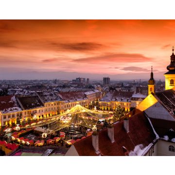 Lais Puzzle - Weihnachtsmarkt in Sibiu, Siebenbürgen, Rumänien. Wunderschöner Sonnenuntergang im Herzen von Siebenbürgen. Stadt auch bekannt als Hermannstadt - 40, 100, 200, 500, 1.000 & 2.000 Teile