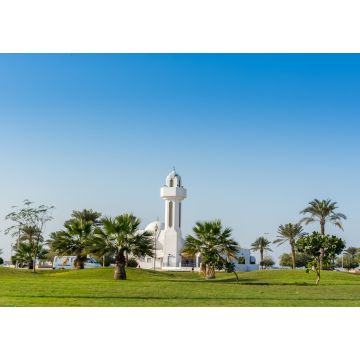 Lais Puzzle - Eine gemeinsame kleine Moschee, die Al-Essa- und die Al-Dowayan-Moschee, mit Palme im Corniche-Küstenpark in Dammam, Königreich Saudi-Arabien - 1.000 Teile