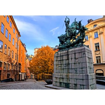 Lais Puzzle - Die Statue des Heiligen Georg und des Drachen und die farbenfrohe Straße im Herbst in Gamla Stan, der Altstadt von Stockholm, Schweden - 1.000 Teile