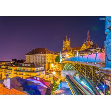 Lais Puzzle - Nachtansicht der gotischen Kathedrale von Lausanne hinter der Charles-Bessieres-Brücke, Schweiz - 1.000 Teile