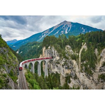 Lais Puzzle - Der rote Zug fährt über die Brücke des Landwasserviadukts im Kanton Graubünden, Schweiz. Der Bernina Express / Glacier Express benutzt diese Bahnstrecke - 1.000 Teile