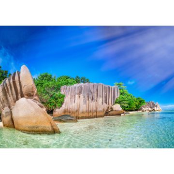 Lais Puzzle - Erstaunlicher Panoramablick auf die Anse Source Argent vom Meer aus. La Digue, Seychellen - 1.000 Teile