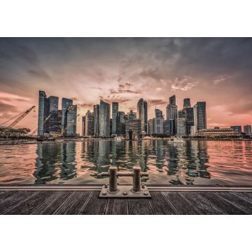Lais Puzzle - Skyline von Singapur und Blick auf das Geschäftsviertel in der Innenstadt mit Holzsteg an der Marina Bay bei Sonnenuntergang. Vintage-Ton - 1.000 Teile