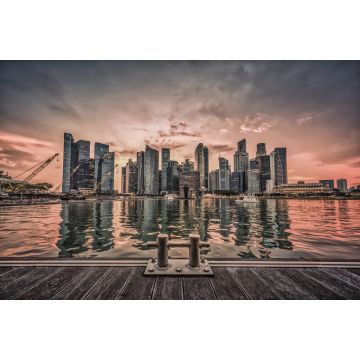 Lais Puzzle - Skyline von Singapur und Blick auf das Geschäftsviertel in der Innenstadt mit Holzsteg an der Marina Bay bei Sonnenuntergang. Vintage-Ton - 2.000 Teile