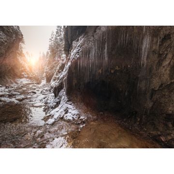 Lais Puzzle - Fließender kleiner Bach, der aus einer Eiszapfenhöhle fließt und große Felsbrocken spült. Erste Sonnenstrahlen beleuchten junge Schneeinseln. Cold frühen Winter Bergwald Landschaft in der Slowakei Tatry Berg - 1.000 Teile