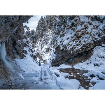 Lais Puzzle - Verschneite Winterlandschaft mit einer Holzbrücke auf einem Wanderweg durch eine enge Schlucht mit Wildbach. Der Nationalpark Mala Fatra in der Slowakei - 1.000 Teile