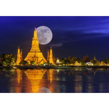 Lais Puzzle - Wat Arun in der Nacht mit Super-Vollmond, Wat Arun in der Nacht mit Licht Gold ist der älteste Tempel des Chao Phraya River und Vollmond in den dunklen Himmel in Bangkok Thailand - 1.000 Teile
