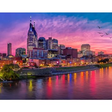 Lais Puzzle - Skyline von Nashvile Tennessee mit rotem Sonnenuntergang und Vögeln - 40, 100, 200, 500, 1.000 & 2.000 Teile