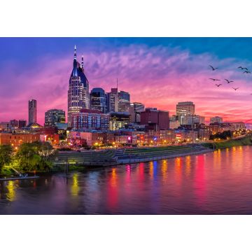 Lais Puzzle - Skyline von Nashvile Tennessee mit rotem Sonnenuntergang und Vögeln - 1.000 Teile