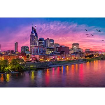 Lais Puzzle - Skyline von Nashvile Tennessee mit rotem Sonnenuntergang und Vögeln - 2.000 Teile