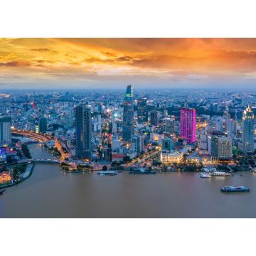 Lais Puzzle - Luftaufnahme von Ho-Chi-Minh-Stadt Skyline und Wolkenkratzer in der Mitte des Herzens Geschäft in Ho-Chi-Minh-Stadt im Zentrum. Panorama der Stadtlandschaft auf Saigon Fluss in Ho Chi Minh Stadt in Vietnam bei Sonnenuntergang Szene - 1...