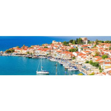 Lais Puzzle - Blick auf den Hafen von Pythagorion mit bunten Häusern und blauem Meer, Insel Samos, Griechenland, Panorama - 1.000 Teile