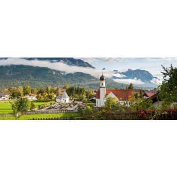 Lais Puzzle - Wallgau, Oberbayern, Dorf mit Kirche und Alpen im Morgennebel, Panorama - 1.000 Teile