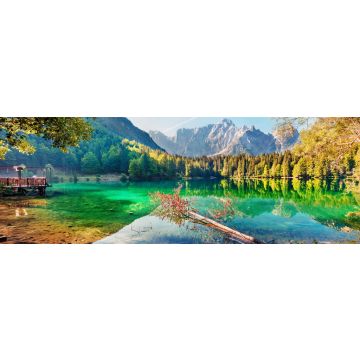 Lais Puzzle - Bunte Sommeransicht des Fusine Sees. Helle Morgenszene der Julischen Alpen mit Mangart-Spitze auf Hintergrund, Provinz Udine, Italien, Europa, Panorama - 1.000 Teile