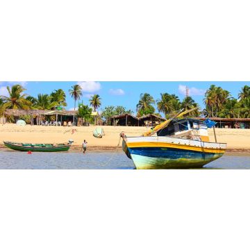 Lais Puzzle - Barra Grande, Piauí, Brasilien. Boote, seichtes Wasser, Strand, rustikale Restaurants und Palmen, Panorama - 1.000 Teile