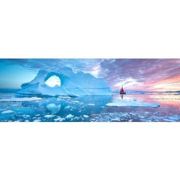 Lais Puzzle - Kleines rotes Segelboot, das zwischen schwimmenden Eisbergen im Disko-Gletscher während der Mitternachtssonne im Polarsommer kreuzt. Ilulissat, Grönland, Panorama - 1.000 Teile