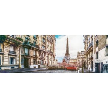Lais Puzzle - Der Eiffelturm in Paris von einer kleinen Straße aus mit einem roten 2cv-Oldtimer, Frankreich, Panorama - 1.000 Teile