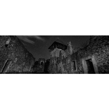 Lais Puzzle - Ruinen von Nevitsky Castle in der Nähe von Uzhgorod, Ukraine mit vielen glänzenden Sternen am dunklen Himmel. Schwarz-Weiß-Version. Nevitsky Burg. Eines der ältesten Gebäude in den Unterkarpaten mit einer internationalen Bedeutung. Das...