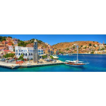 Lais Puzzle - Blick auf das griechische Meer Simy Insel Hafen Hafen, klassische Schiff Yachten, Häuser auf der Insel Hügel, Touristen Ägäis Bucht. Griechenland Inseln Urlaub Urlaub Reise Touren von Rhodos Insel. Griechenland Architektur, Panorama - 1...