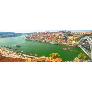 Lais Puzzle - Malerische Stadtlandschaft. Luftaufnahme der Brücke Dom Luis I, der Ribeira Waterfront und der Skyline von Porto von Vila Nova de Gaia, Porto, Portugal aus. Touristenboote auf dem Douro-Fluss bei Sonnenuntergang, Panorama - 1.000 Teile
