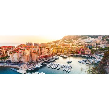 Lais Puzzle - Panoramablick auf Port de Fontvieille in Monaco. Azur-Küste. Bunte Bucht mit vielen Luxusyachten im Sonnenuntergang, Panorama - 1.000 Teile