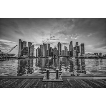 Lais Puzzle - Skyline von Singapur und Blick auf das Geschäftsviertel in der Innenstadt mit Holzsteg an der Marina Bay bei Sonnenuntergang. Vintage-Ton in schwarz weiß - 2.000 Teile