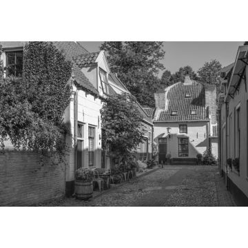 Lais Puzzle - Kleine Straße mit alten kleinen und authentischen Häusern und Blumen im Zentrum von Elburg in den Niederlanden in schwarz weiß - 2.000 Teile