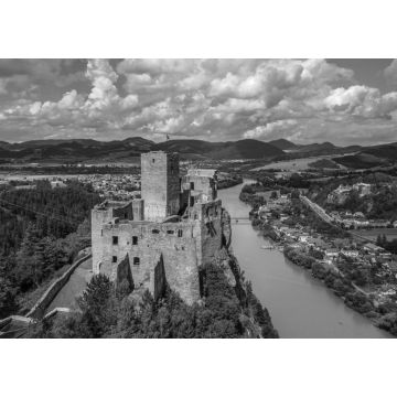 Lais Puzzle - Luftaufnahme des Schlosses in der Gemeinde Strecno in der Slowakei in schwarz weiß - 1.000 Teile