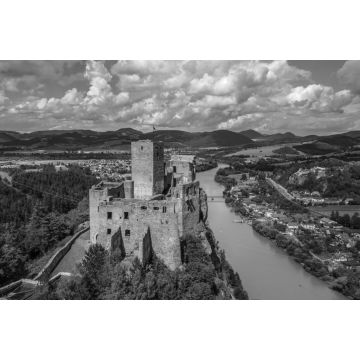 Lais Puzzle - Luftaufnahme des Schlosses in der Gemeinde Strecno in der Slowakei in schwarz weiß - 2.000 Teile