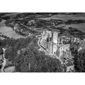 Lais Puzzle - Luftaufnahme des Schlosses in der Gemeinde Strecno in der Slowakei in schwarz weiß - 1.000 Teile