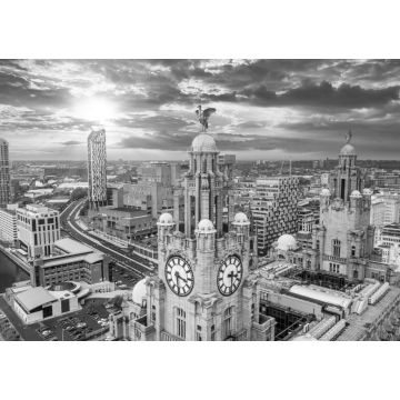 Lais Puzzle - Luftaufnahme des Turms des Royal Liver Building in Liverpool, Großbritannien, bei schönem Sonnenuntergang in schwarz weiß - 1.000 Teile