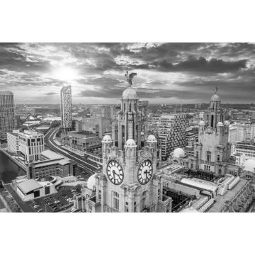 Lais Puzzle - Luftaufnahme des Turms des Royal Liver Building in Liverpool, Großbritannien, bei schönem Sonnenuntergang in schwarz weiß - 2.000 Teile