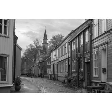 Lais Puzzle - Alte Holzhäuser säumen Nedre Bakklandet, Bakklandet, Trondheim, Trøndelag, Norwegen in schwarz weiß - 2.000 Teile