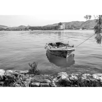 Lais Puzzle - Boot und Schloss in Butrint, Albanien in schwarz weiß - 1.000 Teile
