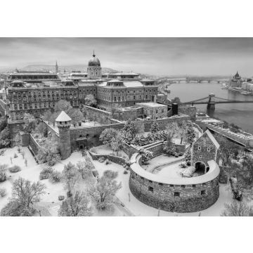 Lais Puzzle - Budapest, Ungarn - Luftaufnahme des verschneiten Königlichen Schlosses Buda von oben mit der Szechenyi Kettenbrücke und dem Parlament von Ungarn im Winter in schwarz weiß - 500, 1.000 & 2.000 Teile