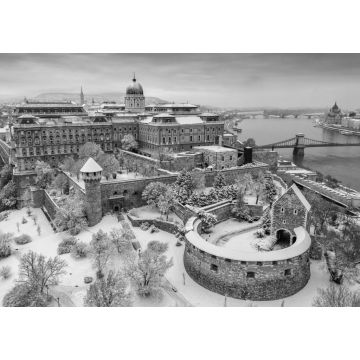 Lais Puzzle - Budapest, Ungarn - Luftaufnahme des verschneiten Königlichen Schlosses Buda von oben mit der Szechenyi Kettenbrücke und dem Parlament von Ungarn im Winter in schwarz weiß - 1.000 Teile