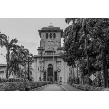 Lais Puzzle - Umgeben von Bäumen und Sträuchern führt der Weg zum Sultan Ibrahim Building in Johor Bahru Malaysia in schwarz weiß - 2.000 Teile