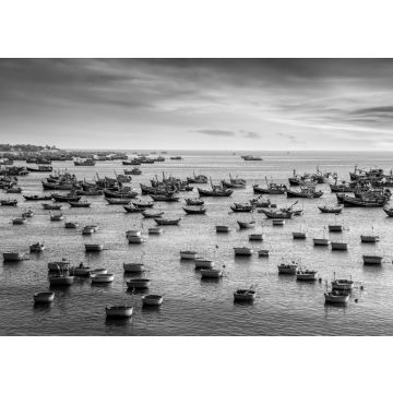 Lais Puzzle - Traditionelles vietnamesisches Boot in Form eines Korbes im Fischerhafen eines Fischerdorfes bei Sonnenuntergang, Binh Thuan, Vietnam. Landschaft. Beliebtes Wahrzeichen, berühmtes Reiseziel in Vietnam in schwarz weiß - 500, 1.000 & 2.000...