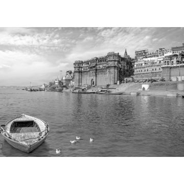 Lais Puzzle - Antike Architektur in Varanasi, Indien, mit Blick auf das Ganges-Ghat bei Sonnenuntergang in schwarz weiß - 1.000 Teile