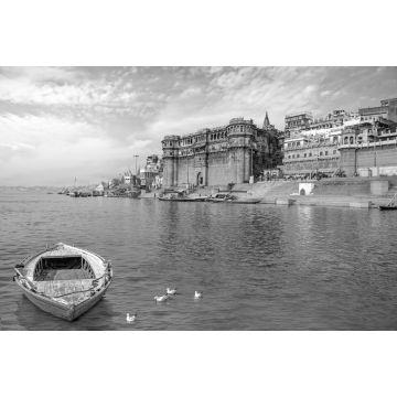 Lais Puzzle - Antike Architektur in Varanasi, Indien, mit Blick auf das Ganges-Ghat bei Sonnenuntergang in schwarz weiß - 2.000 Teile
